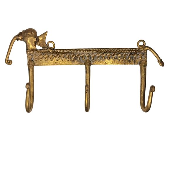 Vintage Brass Other - Vintage Brass Elephant Wall Key Hook Holder Dhokra Art Three Hooks  8.5" x 4"